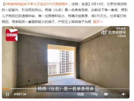 单亲妈妈起诉不孝儿子返还370万房款 背后真相实在让人惊愕