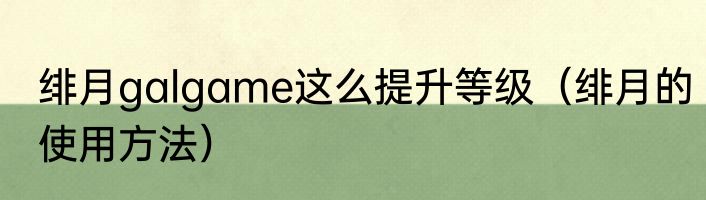 绯月galgame这么提升等级（绯月的使用方法）
