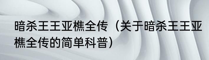 暗杀王王亚樵全传（关于暗杀王王亚樵全传的简单科普）